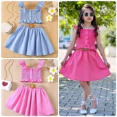 MODAVALS HASIR KEMERLİ GİPE VE DÜĞME DETAYLI KIZ ÇOCUK ETEKLİ KOMBİN - MAVİ - 1