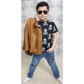 MODAVALS GABARDİN CEKETLİ KURU KAFA TASARIMLI ERKEK ÇOCUK KOT KOMBİN - KAHVE - 5