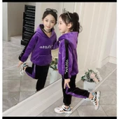 MODAVALS ŞERİT DETAYLI NAKIŞLI KAPİŞONLU KANGURU CEP FRANSIZ KADİFE GARSON BOY KIZ ÇOCUK EŞOFMAN TAKIMI - MOR - 3