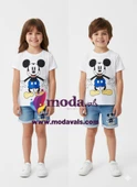 MODAVALS MICKEY NAKIŞLI LAZER KESİ DETAYLI ERKEK ÇOCUK KOT ŞORTLU TAKIM - MAVİ - 1