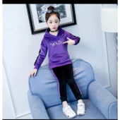 MODAVALS ŞERİT DETAYLI NAKIŞLI KAPİŞONLU KANGURU CEP FRANSIZ KADİFE GARSON BOY KIZ ÇOCUK EŞOFMAN TAKIMI - MOR - 2