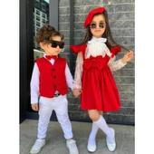 MODAVALS KARDEŞ KOMBİN DANTELLİ BRODE BROŞLU KIZ ÇOCUK FIRFIRLI SLOPET - KIRMIZI - 12