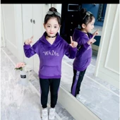 MODAVALS ŞERİT DETAYLI NAKIŞLI KAPİŞONLU KANGURU CEP FRANSIZ KADİFE GARSON BOY KIZ ÇOCUK EŞOFMAN TAKIMI - MOR - 1