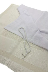 Bohçaya ve Mevlide Uygun Başörtülü Seccade Seti - Tesbihli - Beyaz thumbnail 3