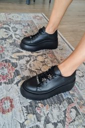 075 1004 Topukla Kadın Kalın Taban Bağcıklı Loafer Makosen Hakiki Deri Günlük Ayakkabı - 6