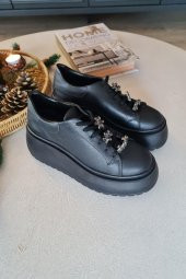 075 1004 Topukla Kadın Kalın Taban Bağcıklı Loafer Makosen Hakiki Deri Günlük Ayakkabı - 9