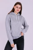 Gri Basic Oversize Kadın Kapüşonlu Hoodie 3 iplik Sweatshirt thumbnail 5