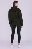 Haki Basic Oversize Kadın Kapüşonlu Hoodie 3 iplik Sweatshirt thumbnail 4