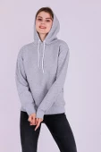 Gri Basic Oversize Kadın Kapüşonlu Hoodie 3 iplik Sweatshirt thumbnail 4