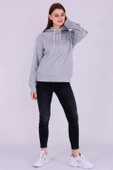 Gri Basic Oversize Kadın Kapüşonlu Hoodie 3 iplik Sweatshirt thumbnail 2