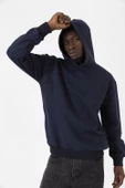 Lacivert Basic Oversize Erkek Kapüşonlu Hoodie 3 iplik Sweatshirt thumbnail 7