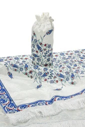 İpek Dokulu Taşıma Çantalı Lale İşlemeli Seccade - Lacivert thumbnail 6