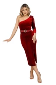 Tek Omuzlu Kadife Elbise 2204-Bordo - 4