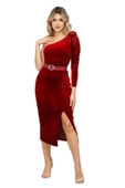 Tek Omuzlu Kadife Elbise 2204-Bordo - 1