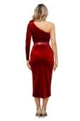 Tek Omuzlu Kadife Elbise 2204-Bordo - 5