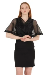 Kruvaze Yaka İnci İşlemeli Elbise 2203-Siyah thumbnail 1