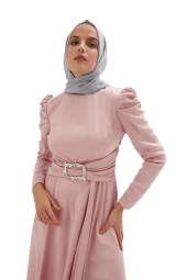 Bel Detaylı Saten Abiye Elbise 711-Pudra - 3