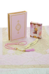 Özel Kutulu Gelin Bohçasına Uygun Hediyelik Çeyizlik Seccade Seti Pembe thumbnail 3