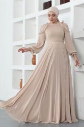 Omuz Detaylı Tesettür Abiye Elbise 727-Bej thumbnail 1