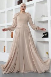 Omuz Detaylı Tesettür Abiye Elbise 727-Bej thumbnail 2