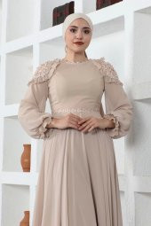 Omuz Detaylı Tesettür Abiye Elbise 727-Bej thumbnail 3