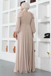 Omuz Detaylı Tesettür Abiye Elbise 727-Bej thumbnail 4