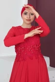 Bel Detaylı Tesettür Abiye Elbise 660-Kırmızı - 2