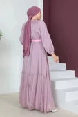 Rahat Form Kemerli Tesettür Abiye Elbise 746-Pudra - 4