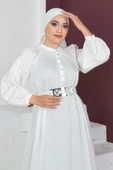 Rahat Form Kemerli Tesettür Abiye Elbise 746-Beyaz - 3