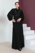 Kol Ve Göğüs Plise Detaylı Tesettür Abiye Elbise 751-Siyah - 1