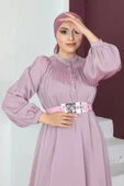 Rahat Form Kemerli Tesettür Abiye Elbise 746-Pudra - 3