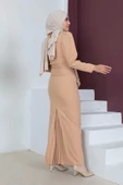 Kruvaze Yaka Tesettür Kalem Elbise 768-Camel - 4