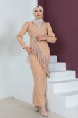 Kruvaze Yaka Tesettür Kalem Elbise 768-Camel - 1