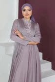Plise Detaylı Boncuklu Tesettür Abiye Elbise 761-Gül Kurusu - 3