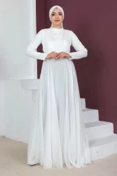 Plise Detaylı Boncuklu Tesettür Abiye Elbise 761-Beyaz thumbnail 1