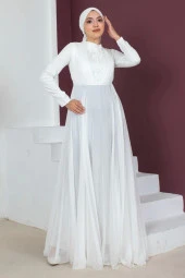 Plise Detaylı Boncuklu Tesettür Abiye Elbise 761-Beyaz thumbnail 2