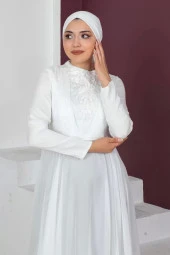 Plise Detaylı Boncuklu Tesettür Abiye Elbise 761-Beyaz thumbnail 3