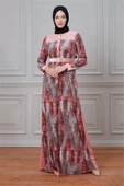 Leila Piton Desenli Kadife Elbise 699-Pudra - 2