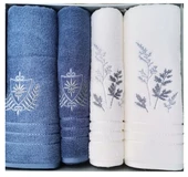 Özdilek 4 Parça Best Hamam Seti, Banyo Havlu Takımı-Leaf Krem- İndigo - 1