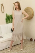 Büzgü Detaylı Şifon Elbise 1755-Bej thumbnail 3