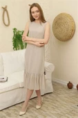 Büzgü Detaylı Şifon Elbise 1755-Bej thumbnail 1