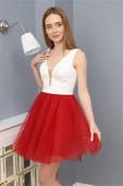 Sim Griterli Kısa Abiye Elbise 1763 Kırmızı/Beyaz - 3
