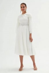 Omuz Detaylı Saten Elbise 695-Beyaz thumbnail 2