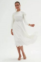 Omuz Detaylı Saten Elbise 695-Beyaz thumbnail 3