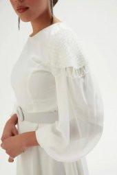 Omuz Detaylı Saten Elbise 695-Beyaz thumbnail 4