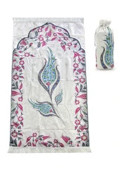 İpek Dokulu Taşıma Çantalı Ebruli Lale Desenli Seccade - Turkuaz thumbnail 1