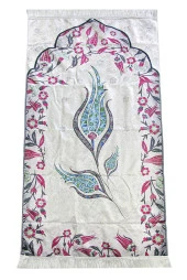 İpek Dokulu Taşıma Çantalı Ebruli Lale Desenli Seccade - Turkuaz thumbnail 2