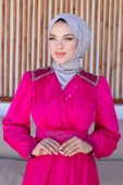 Kruvaze Yaka Bocuk İşlemeli Tesettür Elbise 745-Fuşya - 3