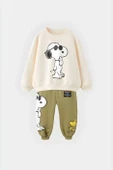 Unisex Çocuk Snoopy Baskılı Haki Pamuklu Kışlık Sweat ve Eşofman Alt Üst Takım - 1