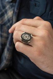 Mührü Süleyman İşleme 925 Gümüş Erkek Yüzük - 5